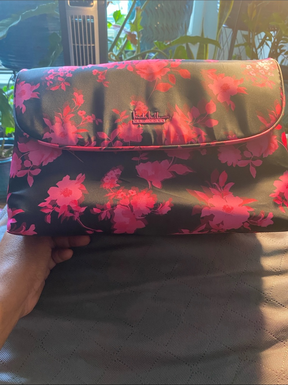 Nicole Miller Black Toiletry Bag with Hot Pink Floral Pattern - NWT